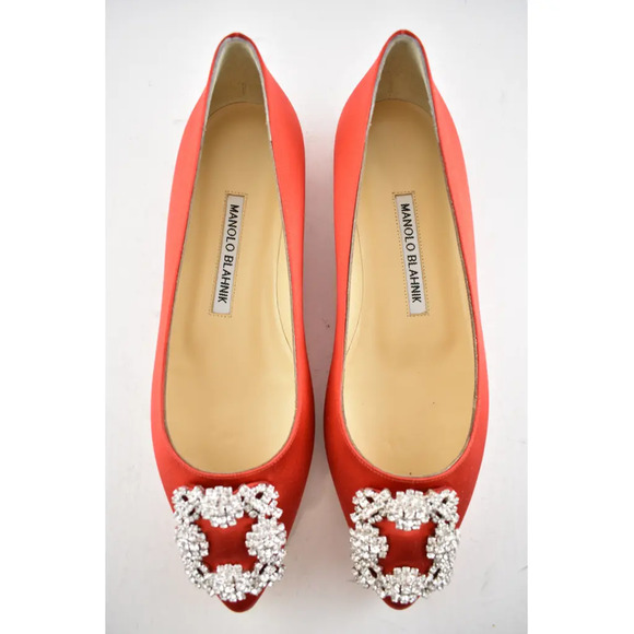 Manolo Blahnik Hangisi Red Satin Silver Jewel Buckle Ballerina Ballet Flat 39.5 - Picture 5 of 12